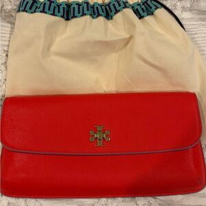 Tory Burch Red Leather Envelope Clutch with Gold Logo Accent